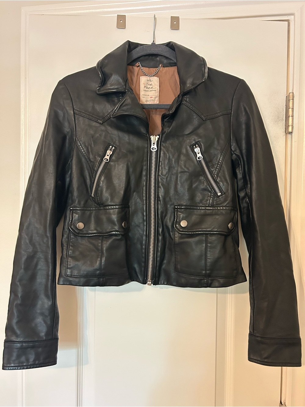 We The Free Black Leather Zip-Front Moto Jacket